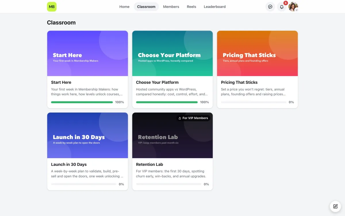 The classroom with course cards, progress bars and a locked course