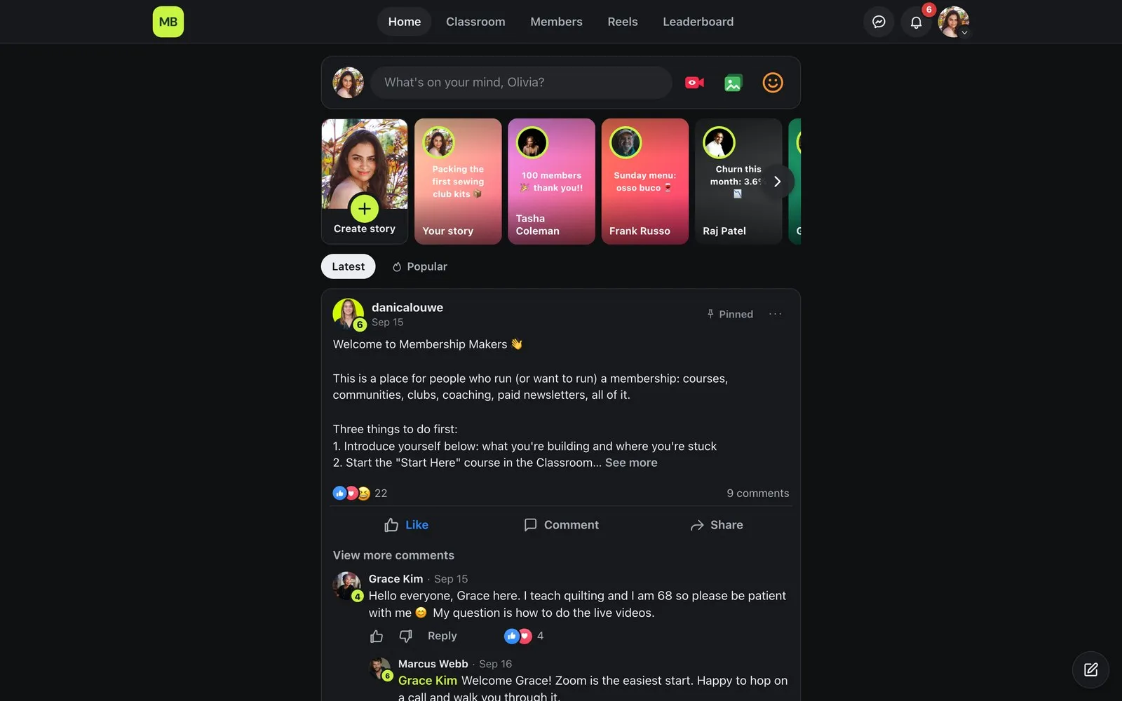 The community feed in dark mode on desktop