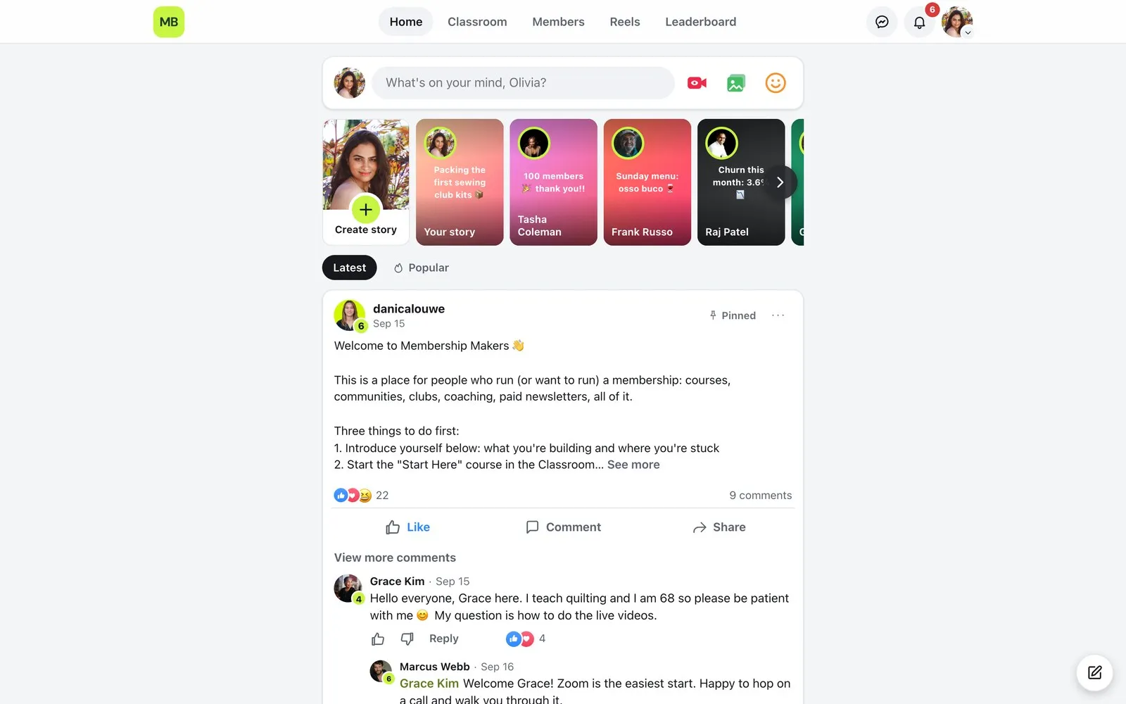 The community feed with a pinned welcome post, stories and comments