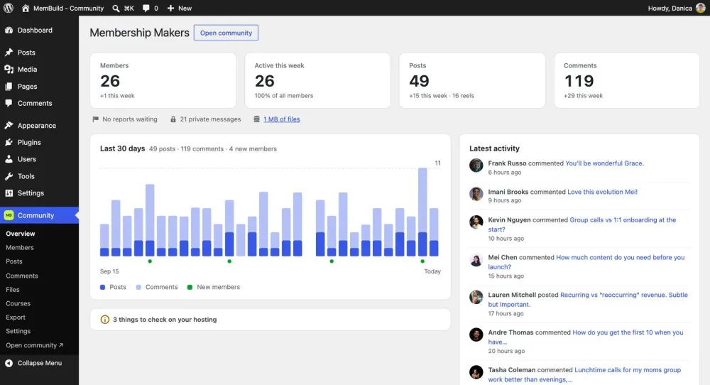 The Community overview page in wp-admin
